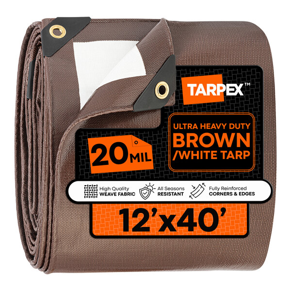 A rolled brown and white ultra heavy-duty polyethylene tarp measuring 12 feet by 40 feet.