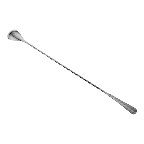 A Barfly stainless steel long metal bar spoon with a diamond lattice handle.