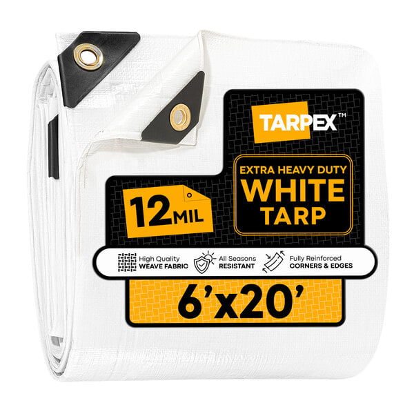 A white extra heavy-duty polyethylene tarp measuring 6 feet by 20 feet with reinforced corners and edges.