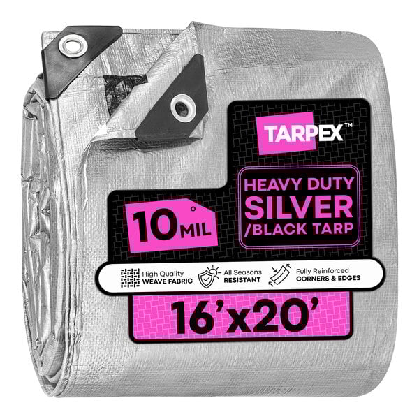 A heavy-duty silver and black polyethylene tarp measuring 16 feet by 20 feet.
