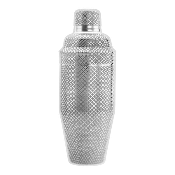 A Barfly stainless steel cocktail shaker with a diamond lattice pattern.