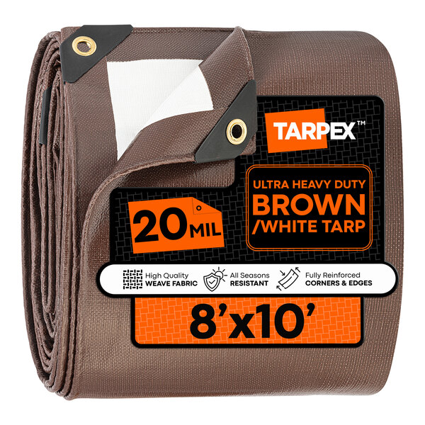 An 8-foot by 10-foot ultra heavy-duty brown and white polyethylene tarp with reinforced corners and edges.