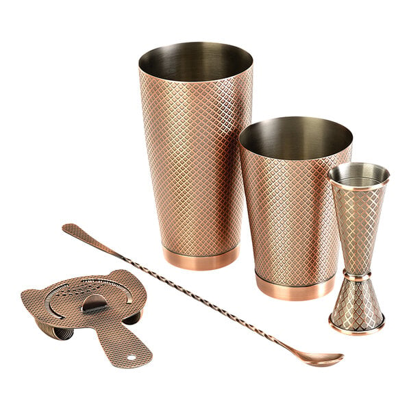 A Barfly 5-piece copper cocktail kit with a spoon.