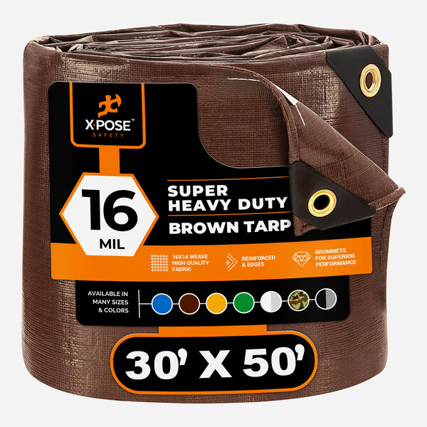 A brown Xpose Safety heavy-duty polyethylene tarp wrapped in plastic.