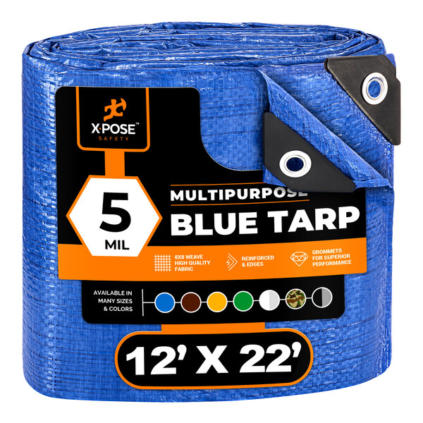 A blue Xpose Safety weather-resistant polyethylene tarp.
