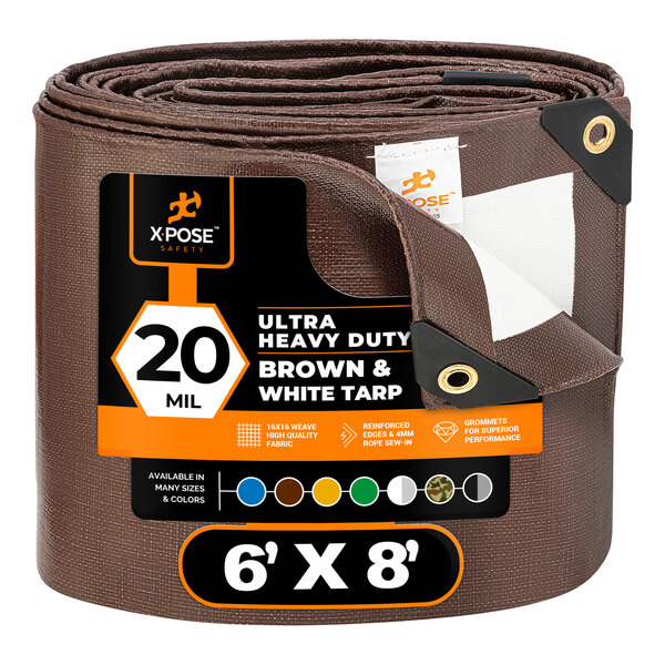 A brown and white Xpose Safety ultra heavy-duty tarp in brown plastic packaging.