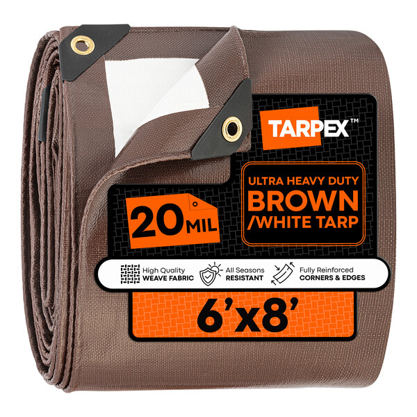 A 6-foot by 8-foot ultra heavy-duty brown and white polyethylene tarp from Tarpex, 20 mil thick and weatherproof.