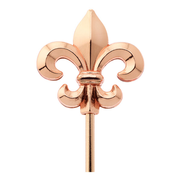 A Barfly copper-plated cocktail pick with a fleur de lis top.