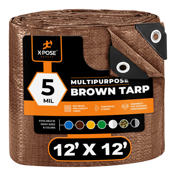 A brown Xpose Safety weather-resistant polyethylene tarp in plastic packaging with black and white text.