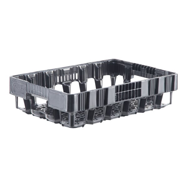 A black plastic container with four compartments and holes.