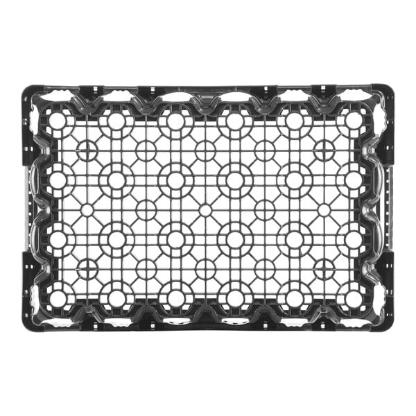 A black plastic Orbis beverage crate with circles.