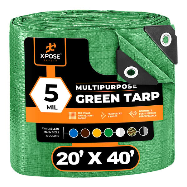 A roll of green Xpose Safety multipurpose tarp with black and white text.