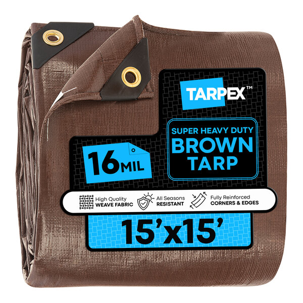 A folded brown super heavy-duty polyethylene tarp measuring 15 feet by 15 feet with reinforced corners and grommets.