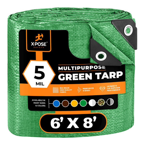 A green Xpose Safety multipurpose polyethylene tarp in packaging with black and white text.