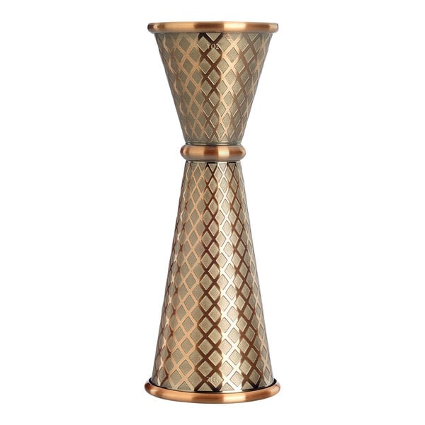 An antique copper Barfly jigger with a diamond lattice pattern.