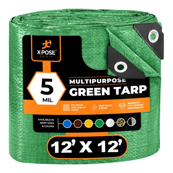 A roll of Xpose Safety green weather-resistant polyethylene tarp with black and white text.