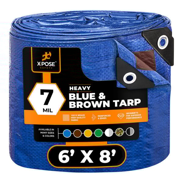 A roll of blue heavy duty tarp with brown trim.