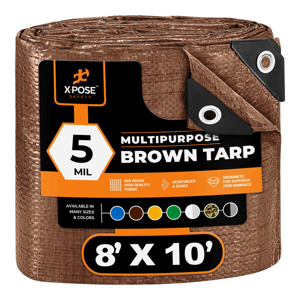 A brown roll of Xpose Safety brown weather-resistant polyethylene tarp.