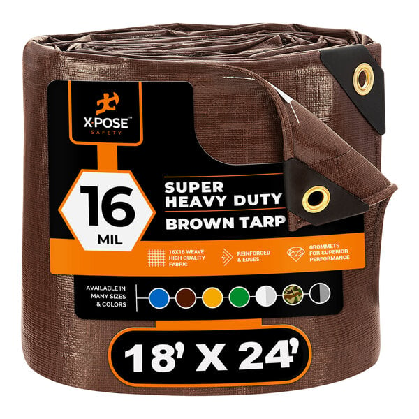 A brown Xpose Safety heavy-duty polyethylene tarp in plastic packaging with a black and white label.