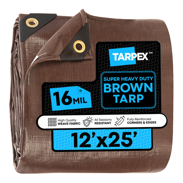 A folded brown super heavy-duty polyethylene tarp measuring 12 feet by 25 feet with reinforced corners and metal grommets.