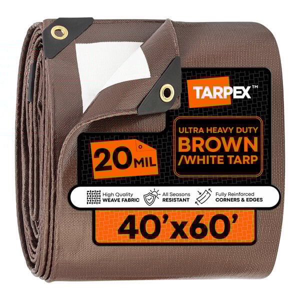 A large, ultra heavy-duty brown and white polyethylene tarp measuring 40 by 60 feet.