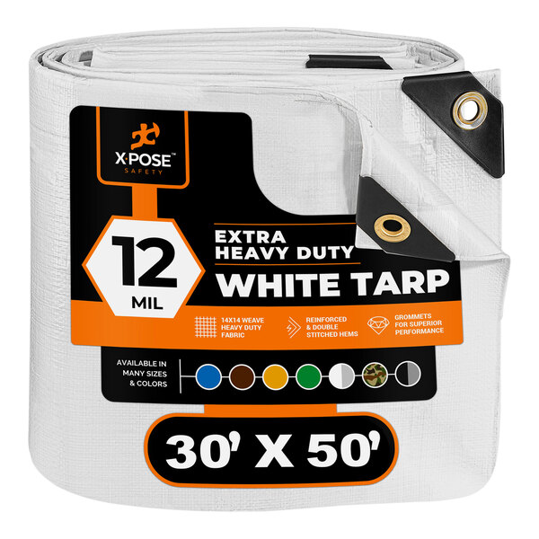 A white Xpose Safety extra heavy-duty weatherproof polyethylene tarp with black and orange labels.