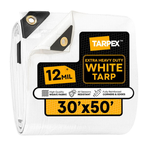 Tarpex 30' x 50' White Extra Heavy-Duty Weatherproof 12 Mil Multipurpose Polyethylene Tarp WHD-TA-3050