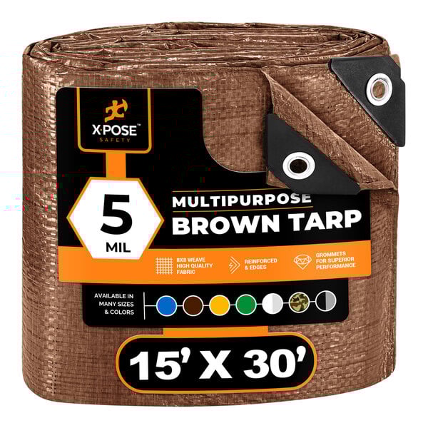 A brown Xpose Safety tarp with black and white labels.
