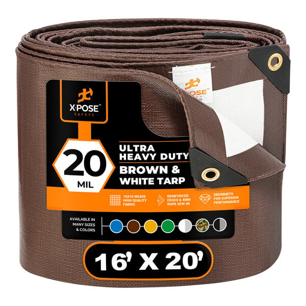 A brown and white Xpose Safety heavy-duty polyethylene tarp in packaging with black and white labels.