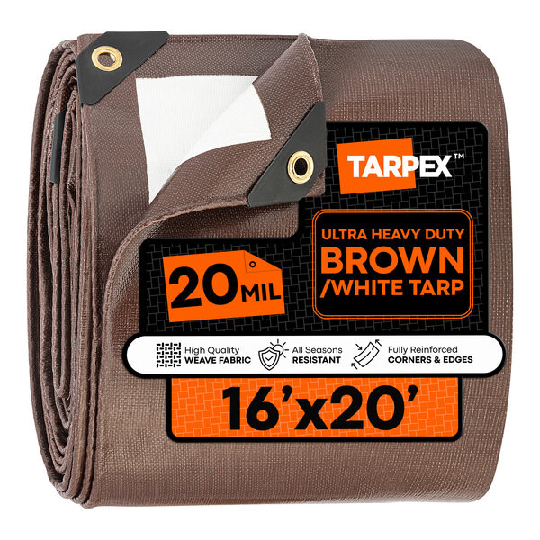 A 16' x 20' ultra heavy-duty brown and white polyethylene tarp from Tarpex, 20 mil thick and weatherproof.