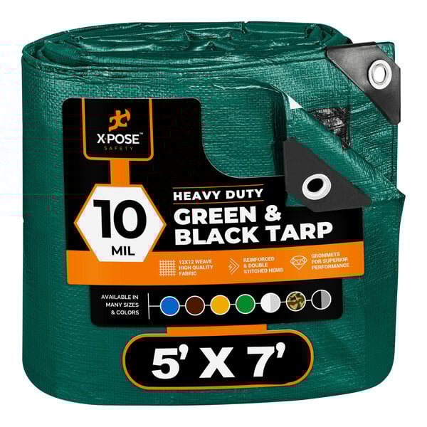 A green Xpose Safety heavy-duty polyethylene tarp with black and white labels.