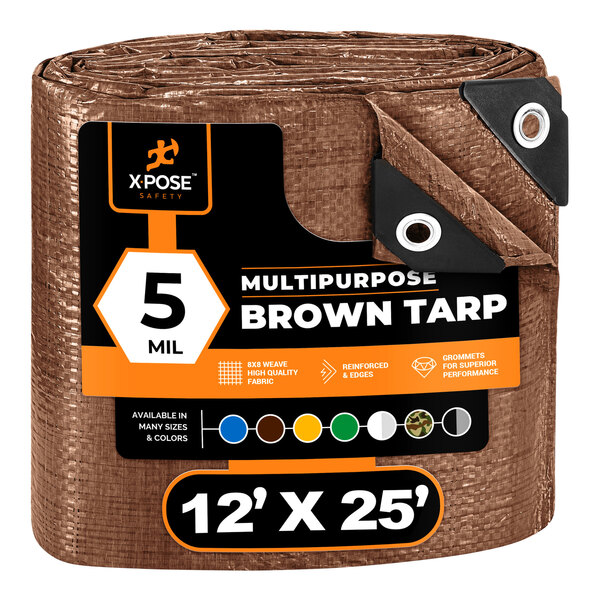 A brown Xpose Safety multipurpose tarp with black and white labels.