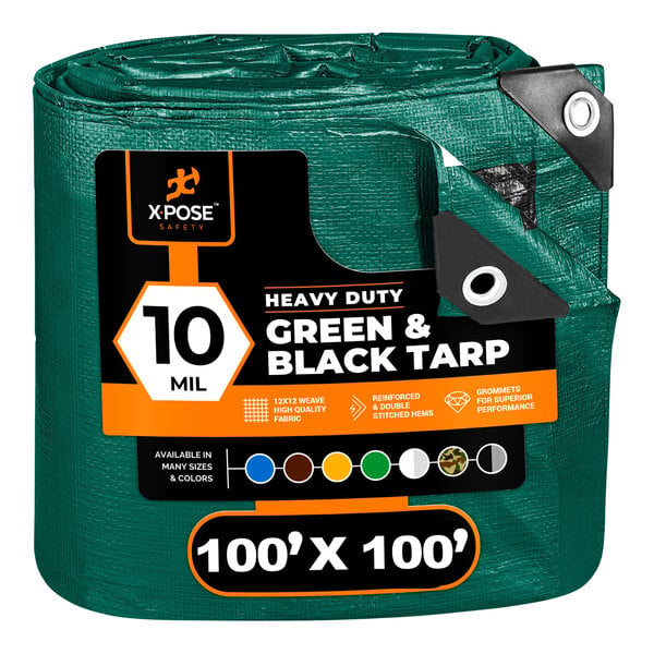 A green Xpose Safety heavy-duty weatherproof tarp with black and orange labels.