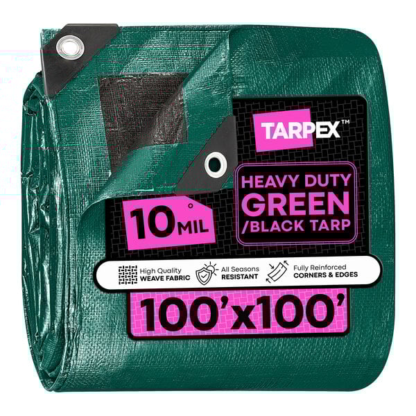 A heavy-duty green and black polyethylene tarp measuring 100 feet by 100 feet.