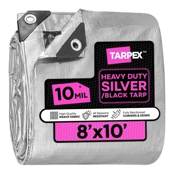 A folded silver and black heavy-duty polyethylene tarp measuring 8 feet by 10 feet.