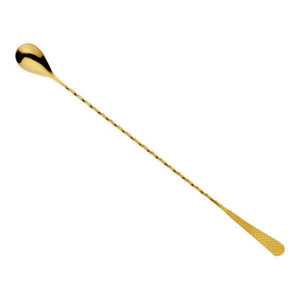 A Barfly gold-plated bar spoon with a long handle.