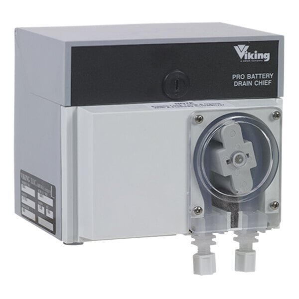 A grey and black Viking Pro chemical pump with a round plastic container.