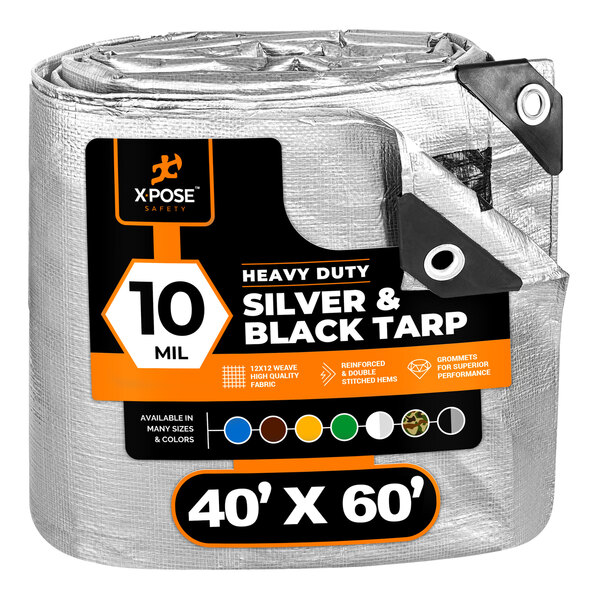 A roll of silver and black Xpose Safety heavy-duty weatherproof tarp.