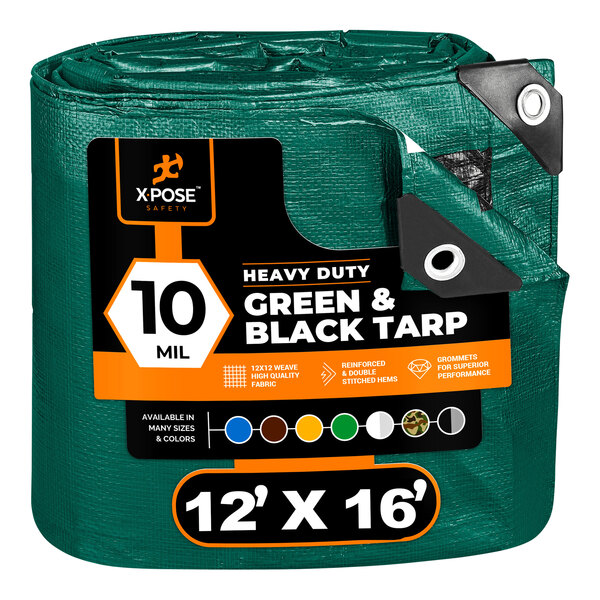 A green Xpose Safety heavy-duty weatherproof tarp with black and white labels.