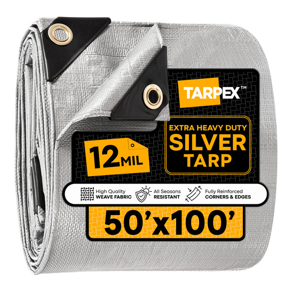 A large, heavy-duty silver polyethylene tarp measuring 50 feet by 100 feet with reinforced corners and grommets.