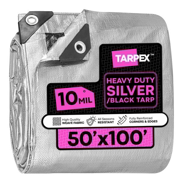 A heavy-duty silver and black polyethylene tarp measuring 50 feet by 100 feet and 10 mil thick.
