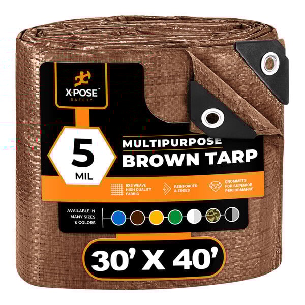 A brown Xpose Safety tarp with black and white labels.