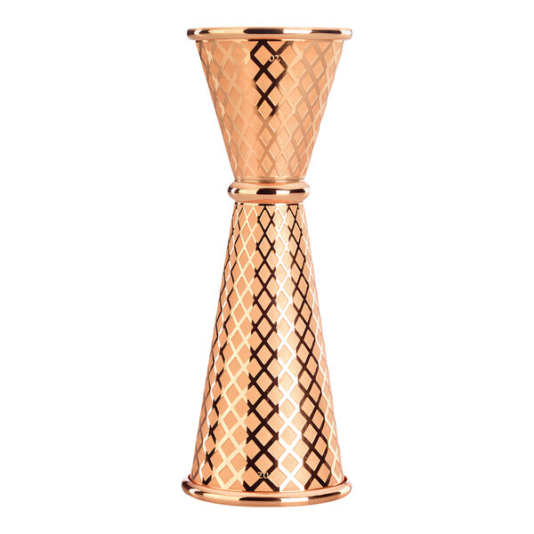 A gold and silver Barfly copper-plated diamond lattice jigger.