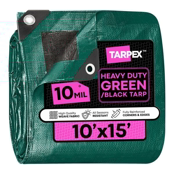 A heavy-duty green and black polyethylene tarp measuring 10 feet by 15 feet.