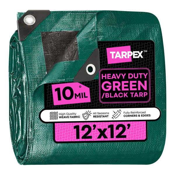 A heavy-duty green and black polyethylene tarp measuring 12 feet by 12 feet, labeled as weatherproof and 10 mil thick.