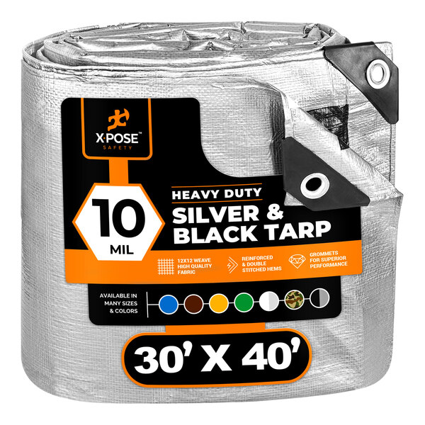 A roll of silver and black Xpose Safety heavy-duty weatherproof tarp.