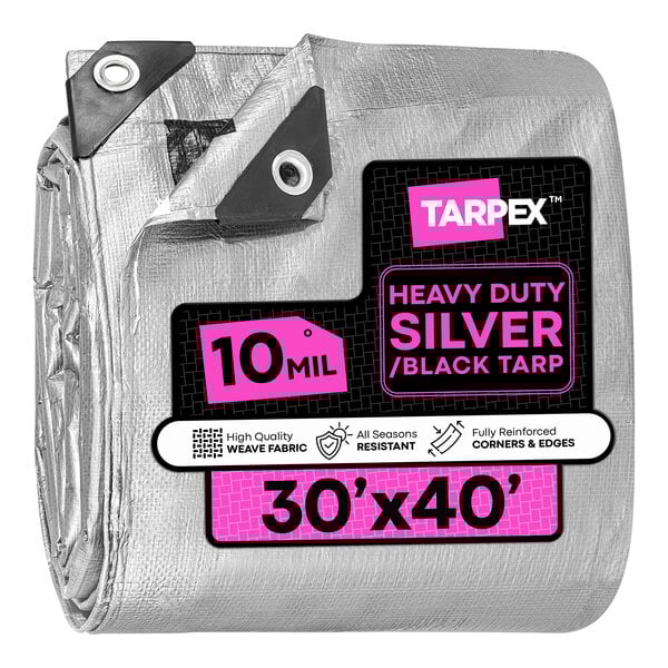 A heavy-duty silver and black polyethylene tarp measuring 30 feet by 40 feet.