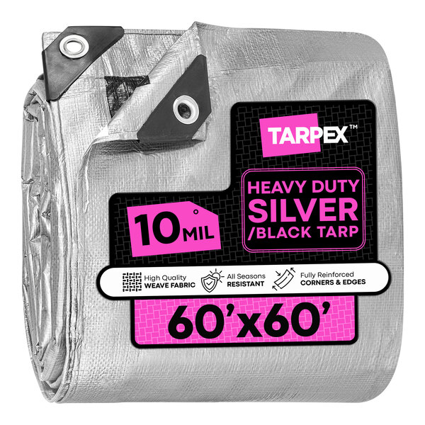 A heavy-duty silver and black polyethylene tarp measuring 60 feet by 60 feet.