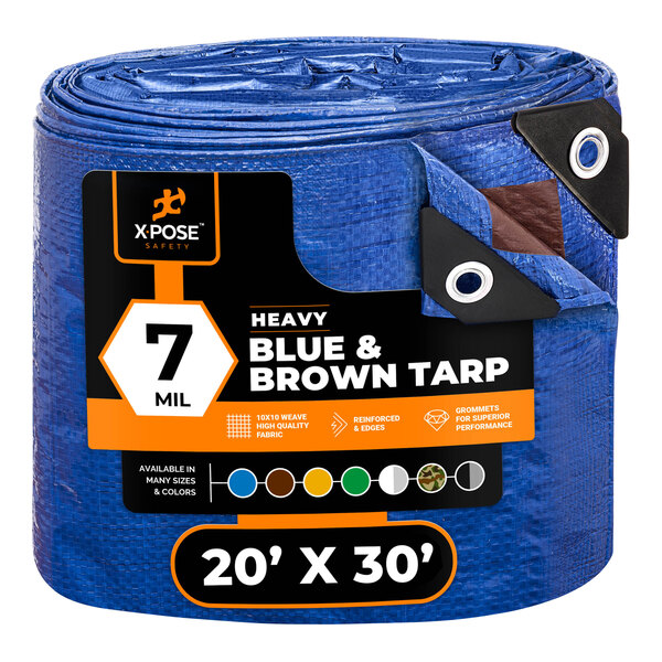 A blue tarp with brown trim and black and white text reading "Xpose Safety"