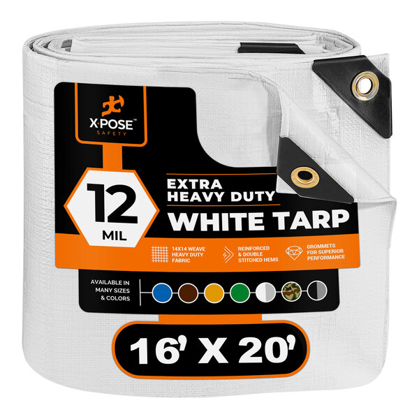 A white Xpose Safety extra heavy-duty polyethylene tarp with black and orange labels.